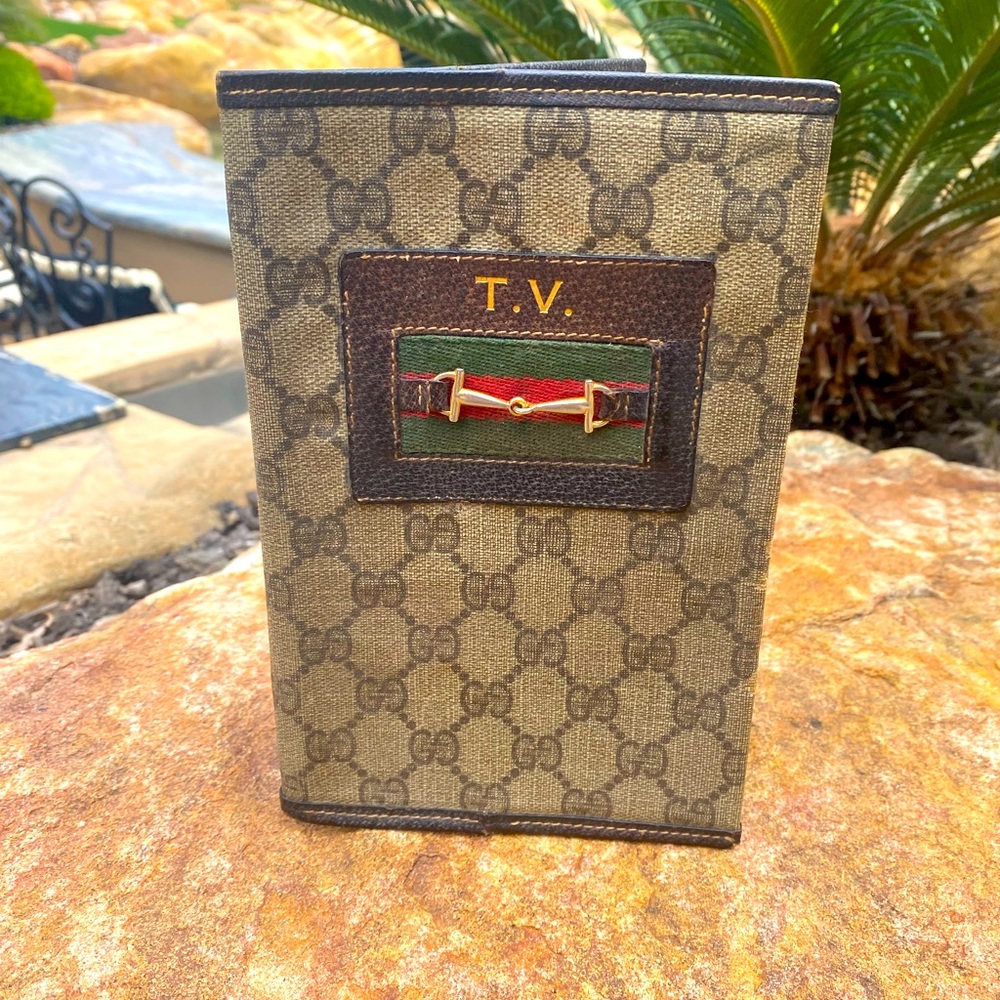 Authentic vintage GUCCI tv guide sleeve horsebit gold monogram GG book cover